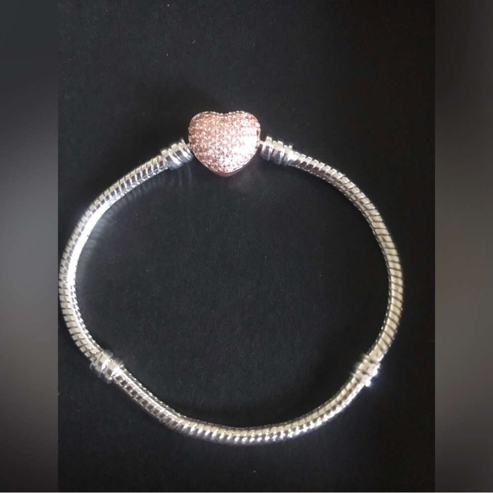 Sterling Silver Snake Chain Bracelet with Rose Gold Pave Heart Charm